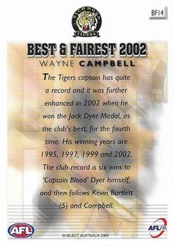 2003 Select XL Ultra AFL - Club Best & Fairest 2002 #BF14 Wayne Campbell Back